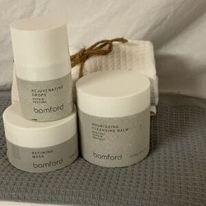 Bamford skincare set: Refining Mask, Nurishing Cleansing, Rejuvenating Drops